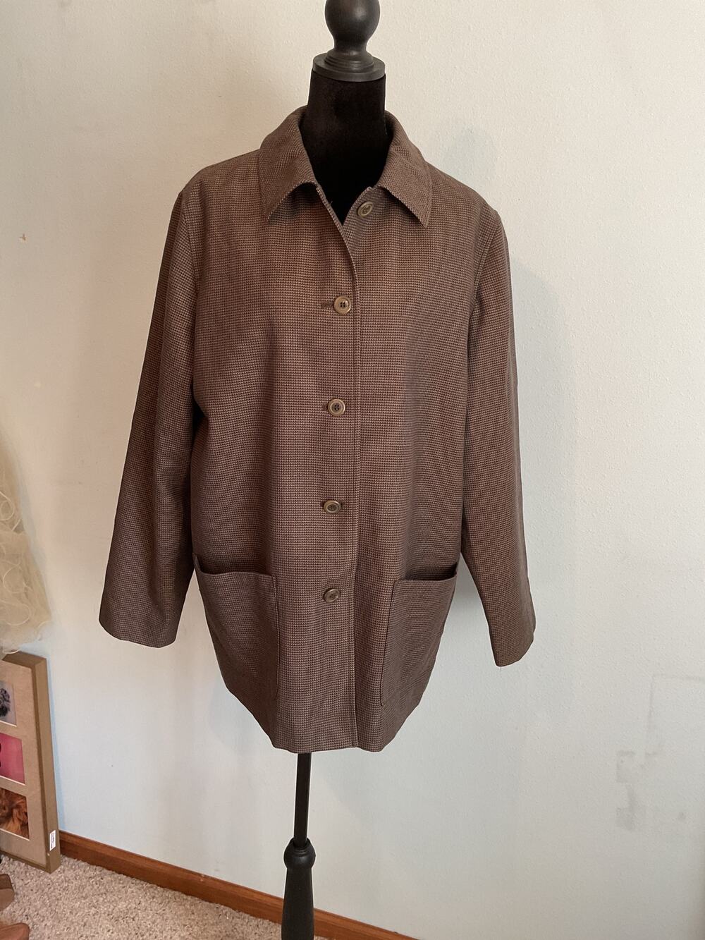 Harve Benard Vintage 100% Wool Blazer Jacket Brown Taupe Micro Check Suit Coat